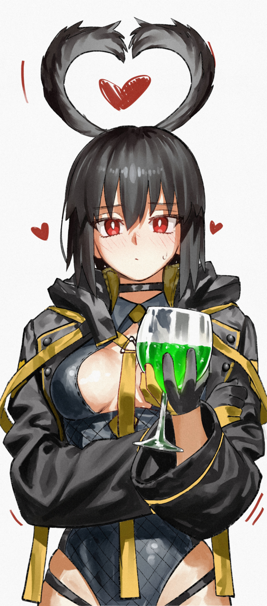 1girl absurdres black_hair blush breasts cup drinking_glass fate/grand_order fate_(series) heart highres jacket kamisato_sora looking_at_viewer medium_breasts ortlinde_(fate) ortlinde_(swimsuit_assassin)_(fate) red_eyes solo swimsuit valkyrie_(fate) wine_glass