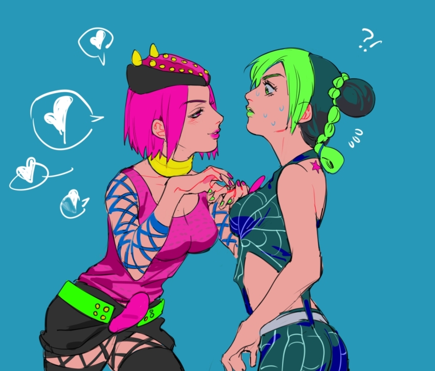 !? 2girls aqua_background bare_shoulders belt birthmark black_pants black_skirt black_tank_top blush braid breasts bun_with_braided_base cowboy_shot double_bun drawn_heart fake_horns fishnet_sleeves fishnets flying_sweatdrops genderswap genderswap_(mtf) green_eyes green_hair green_lips grey_belt hair_bun hand_grab hat heart horned_hat horned_headwear horns joestar_birthmark jojo_no_kimyou_na_bouken kuujou_jolyne lighthouse_(lt_yummy) lipstick makeup medium_breasts multicolored_hair multiple_girls narciso_anasui pants pink_eyes pink_hair pink_lips pink_shirt pink_tank_top shirt short_hair skirt small_breasts spider_web_print spoken_heart stone_ocean sweatdrop tank_top two-tone_hair yuri