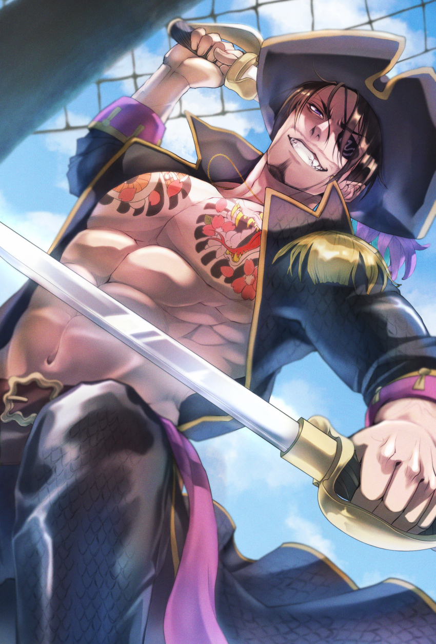 1boy absurdres black_hair black_pants chinenkun dual_wielding eyepatch facial_hair highres holding holding_sword holding_weapon jewelry majima_goro male_focus open_clothes pants ryuu_ga_gotoku_(series) ryuu_ga_gotoku_8_gaiden short_hair solo sword tattoo weapon