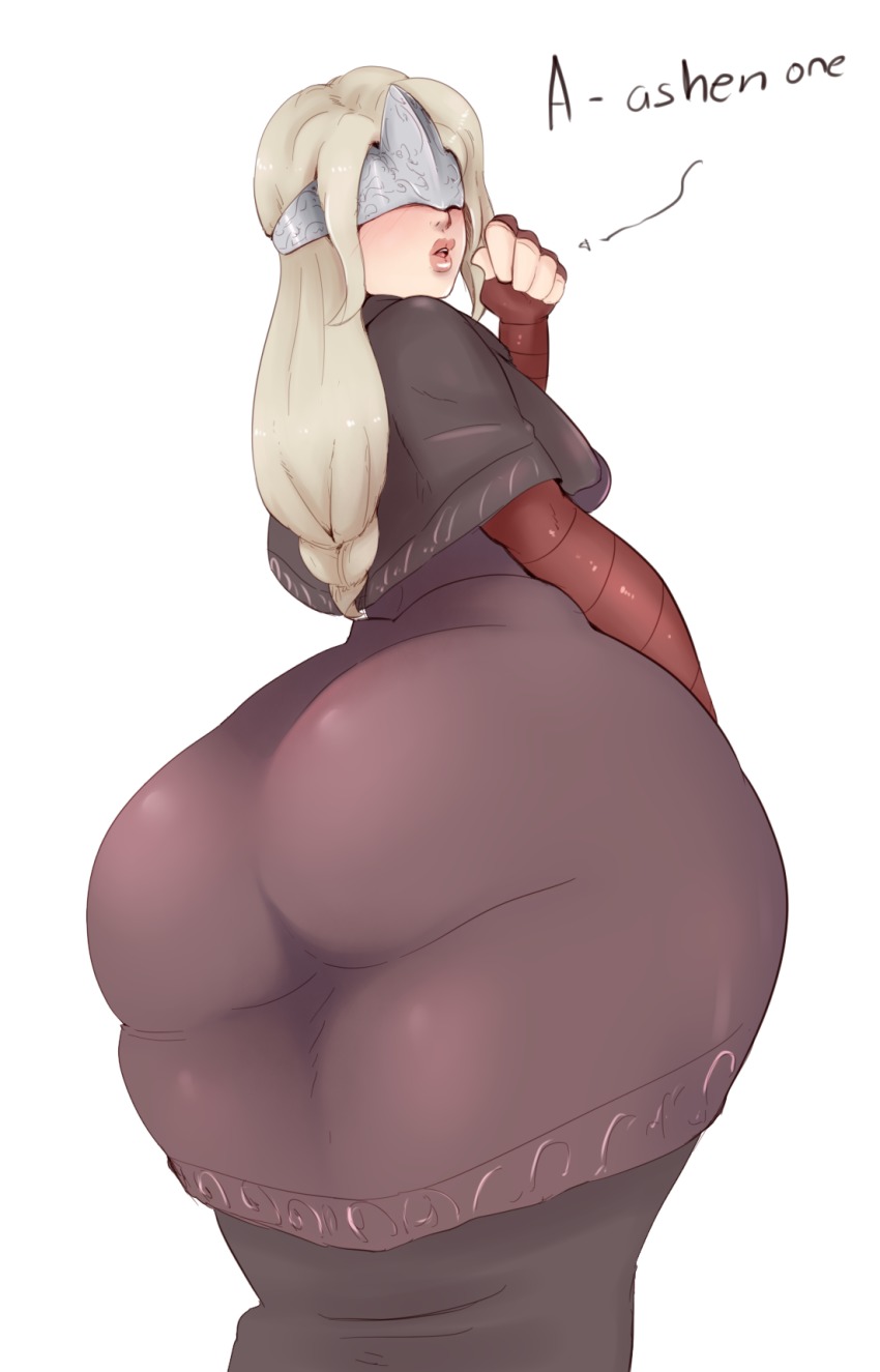 1girl ass ass_focus blind blonde_hair dark_souls_(series) dark_souls_i dark_souls_iii english_text female_focus fire_keeper highres huge_ass lips looking_back mask solo sunnysundown thick_thighs thighs wide_hips