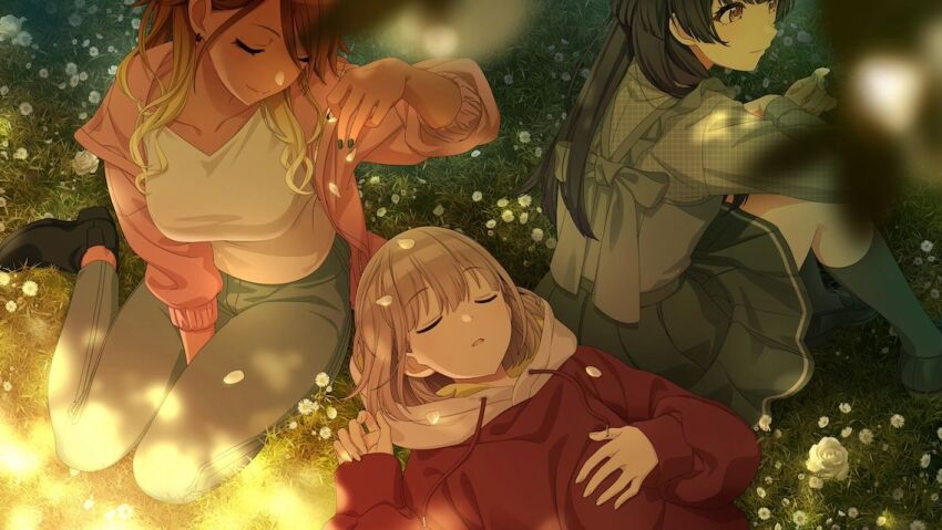 3girls black_hair blonde_hair bow brown_hair closed_eyes dark-skinned_female dark_skin flower game_cg grass grey_hair hood hoodie idolmaster idolmaster_shiny_colors izumi_mei jacket kneehighs lying mayuzumi_fuyuko multicolored_hair multiple_girls navel official_art orange_eyes pants pleated_skirt serizawa_asahi sitting skirt socks straylight_(idolmaster)
