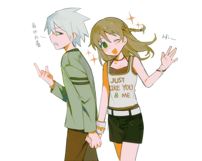 1boy 1girl belt black_shorts blush_stickers braid brown_hair brown_pants chinese_commentary chinese_text commentary_request english_text frown green_eyes green_shirt highres holding_hands long_hair maka_albarn middle_finger mixed-language_text one_eye_closed open_mouth pants red_eyes rice_(somasuki_77) sharp_teeth shirt short_hair shorts simple_background single_braid smile soul_eater soul_evans sparkle tank_top teeth white_background white_belt white_hair white_tank_top