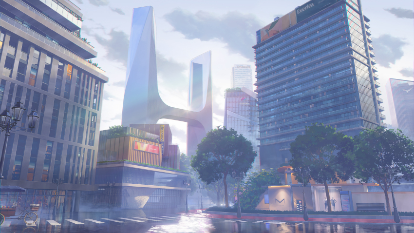 absurdres bench building city cityscape cloud cloudy_sky commentary crosswalk english_commentary highres lamppost mannequin no_humans original outdoors reflection rickshaw road scenery sky skyscraper street tree zoe_(executioner)