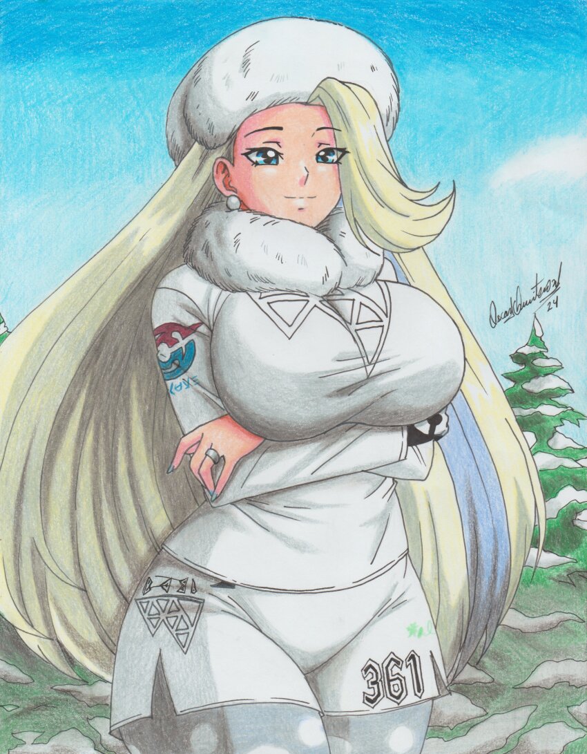 1girl 2024 absurdres arms_under_breasts blue_eyes blue_nails breasts earrings game_freak hat highres huge_breasts jewelry long_hair mature_female melony_(pokemon) nintendo outdoors pokemon pokemon_swsh ravernclouk_design ring shorts smile traditional_media tree white_hair winter_clothes