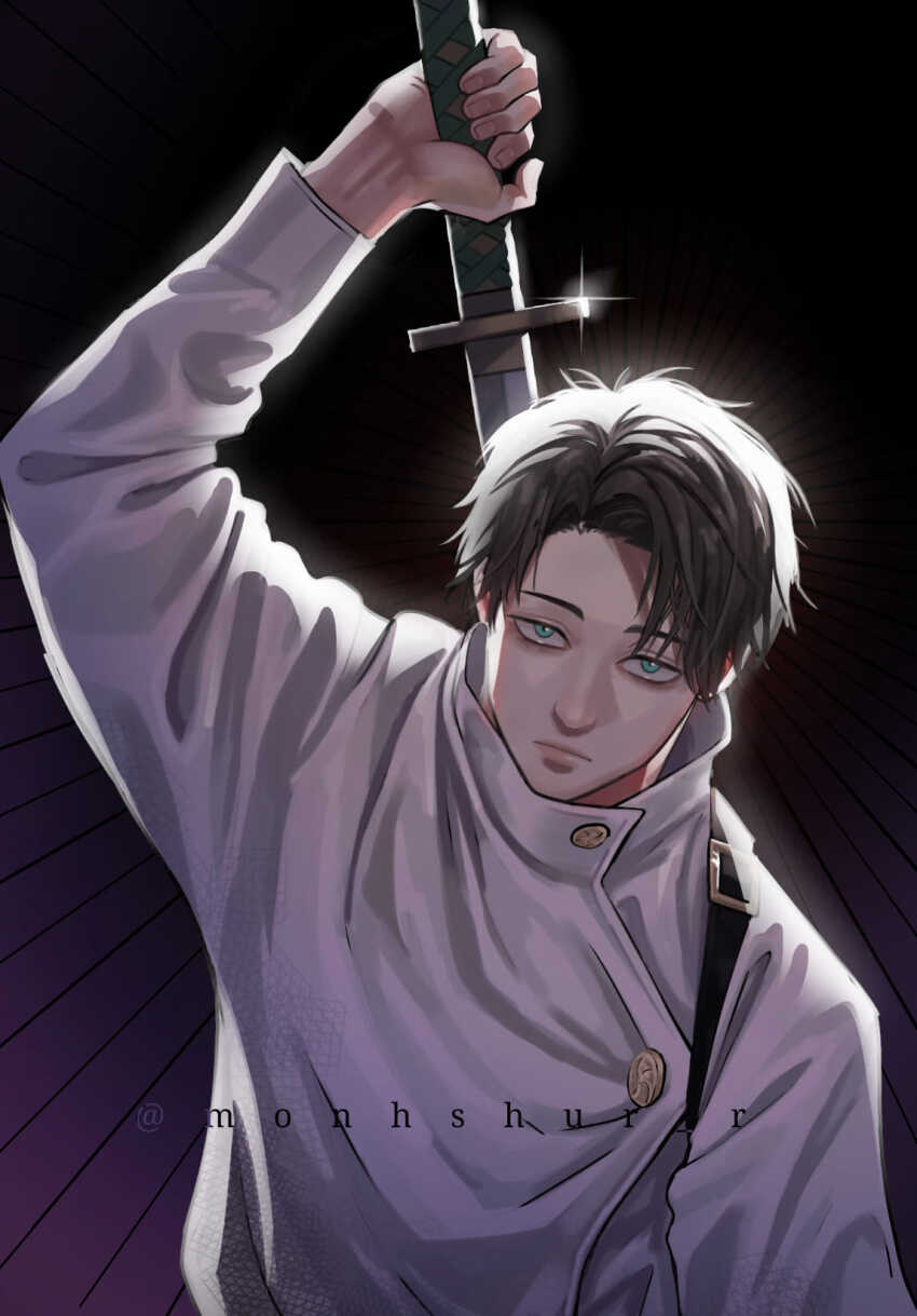 1boy backlighting black_hair blue_eyes commentary_request facebook_username frown glint highres holding holding_sword holding_weapon jacket jujutsu_kaisen jujutsu_tech_uniform katana male_focus mongolian_commentary monhshur_r okkotsu_yuuta solo sword upper_body weapon white_jacket