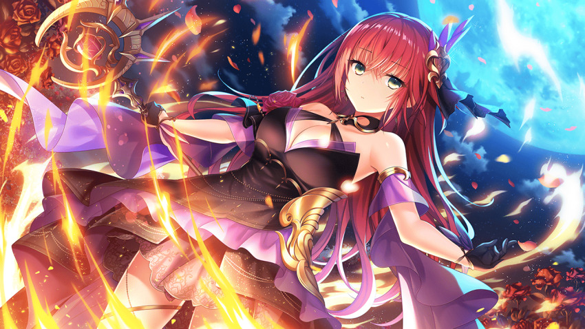 1girl akai_asaka armlet bare_shoulders black_dress black_gloves breasts burning cleavage closed_mouth cloud collarbone cowboy_shot deep_one_kyomu_to_mugen_no_fragment dress dutch_angle embers falling_petals fingerless_gloves fire flaming_weapon floating_hair flower full_moon gloves green_eyes hair_ornament holding holding_staff holding_weapon jewelry large_breasts long_hair looking_at_viewer moon moonlight natsuhiko night night_sky non-web_source outdoors petals purple_flower purple_rose red_flower red_hair red_rose rose rose_petals sky solo sparkle sparks staff star_(sky) starry_sky sunset thighhighs very_long_hair weapon