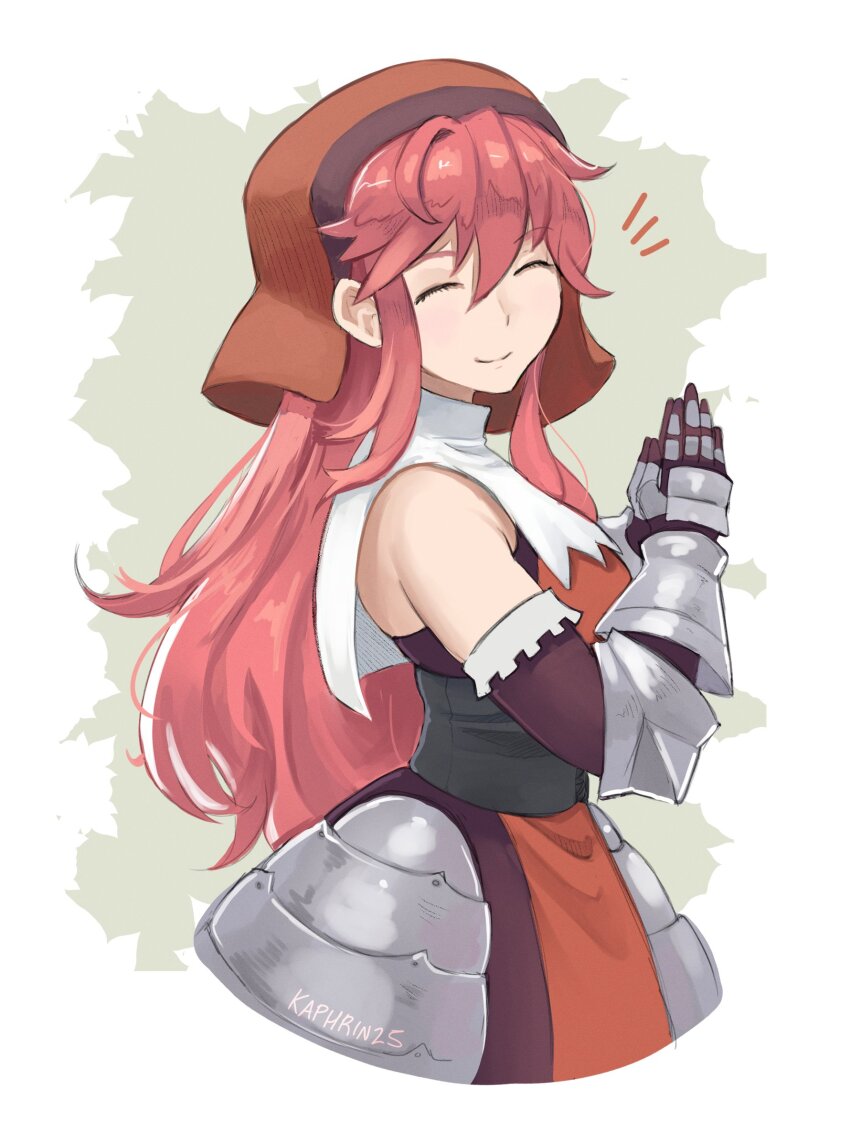 1girl ^_^ armor artist_name closed_eyes closed_mouth commentary detached_sleeves english_commentary gauntlets hair_between_eyes highres kaphrin long_hair own_hands_together primm_(unicorn_overlord) red_hair smile solo twitter_username unicorn_overlord upper_body