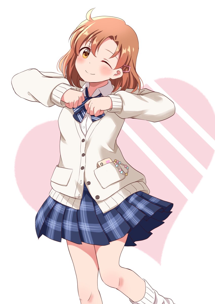 1girl absurdres alternate_costume ankle_socks birthday blue_neckerchief blue_skirt blush cardigan cellphone clenched_hands closed_mouth collared_shirt commentary dot_nose dress_shirt feet_out_of_frame hair_ornament hairclip head_tilt heart heart_background highres idolmaster idolmaster_million_live! long_sleeves looking_at_viewer medium_hair neckerchief one_eye_closed phone plaid_clothes plaid_neckerchief plaid_skirt pocket school_uniform shirt skirt smartphone smile socks solo split_mouth standing straight_hair sweater undershirt white_cardigan white_shirt white_socks white_sweater white_undershirt yabuki_kana yellow_eyes yukipo_p