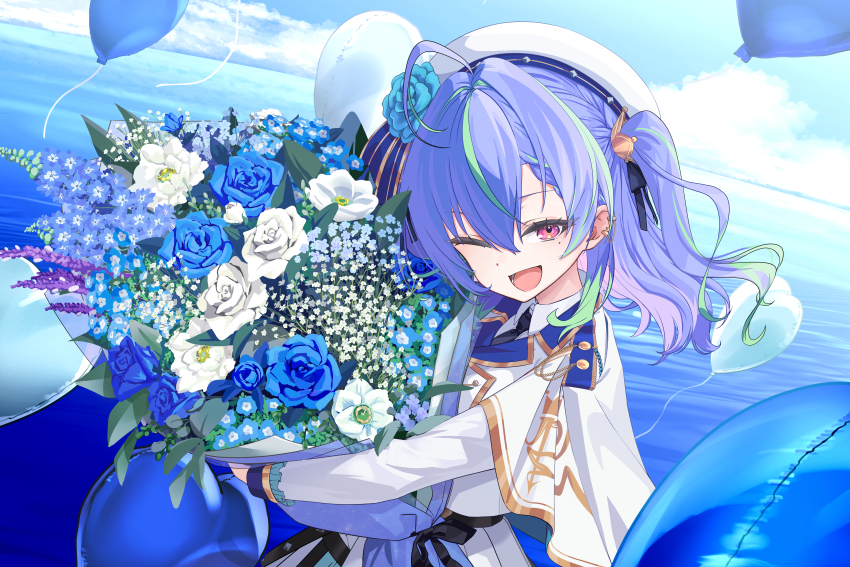 1girl :d absurdres ahoge balloon black_necktie blue_flower blue_hair blue_rose blue_sky blush bouquet cloud collared_shirt commentary_request cowboy_shot day dress flower green_hair hat hat_flower heart_balloon highres holding holding_bouquet long_sleeves looking_at_viewer medium_hair mole mole_under_eye multicolored_hair nanashi_inc. necktie ocean one_eye_closed open_mouth ougimaneki outdoors pink_eyes rose shirt sky smile solo suzumi_nemo suzumi_nemo_(3rd_costume) two-tone_hair two_side_up virtual_youtuber water white_dress white_flower white_hat white_rose white_shirt