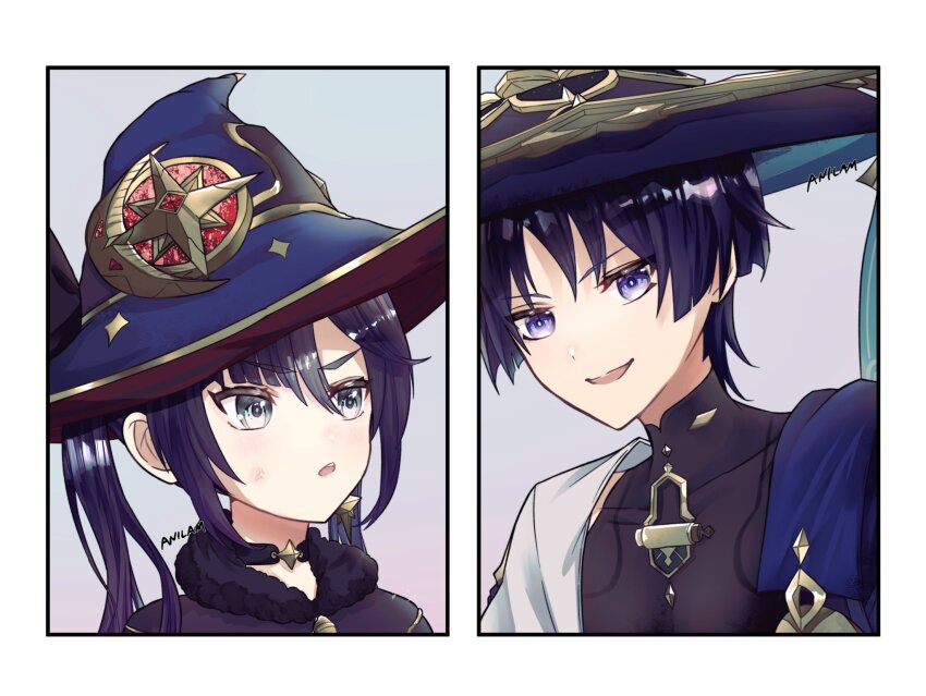 1boy 1girl anger_vein aqua_eyes aqua_pupils artist_name black_bodysuit black_bow black_choker blue_cape blue_hat blunt_bangs blunt_ends bodysuit bow bright_pupils cape choker covered_collarbone crescent crescent_hat_ornament eyeliner eyeshadow fur_collar genshin_impact gold gold_trim hair_between_eyes hat hat_bow hat_ornament highres japanese_clothes jingasa kimono long_hair looking_at_another makeup mandarin_collar mona_(genshin_impact) open_clothes open_kimono open_mouth parted_bangs purple_hair red_eyeliner red_eyeshadow red_hat remind_lam22 scaramouche_(genshin_impact) shoulder_peek sidelocks smile star_(symbol) star_choker star_hat_ornament star_print teeth twintails two-sided_fabric two-sided_headwear upper_teeth_only wanderer_(genshin_impact) white_kimono white_pupils white_sleeves wispy_bangs witch_hat