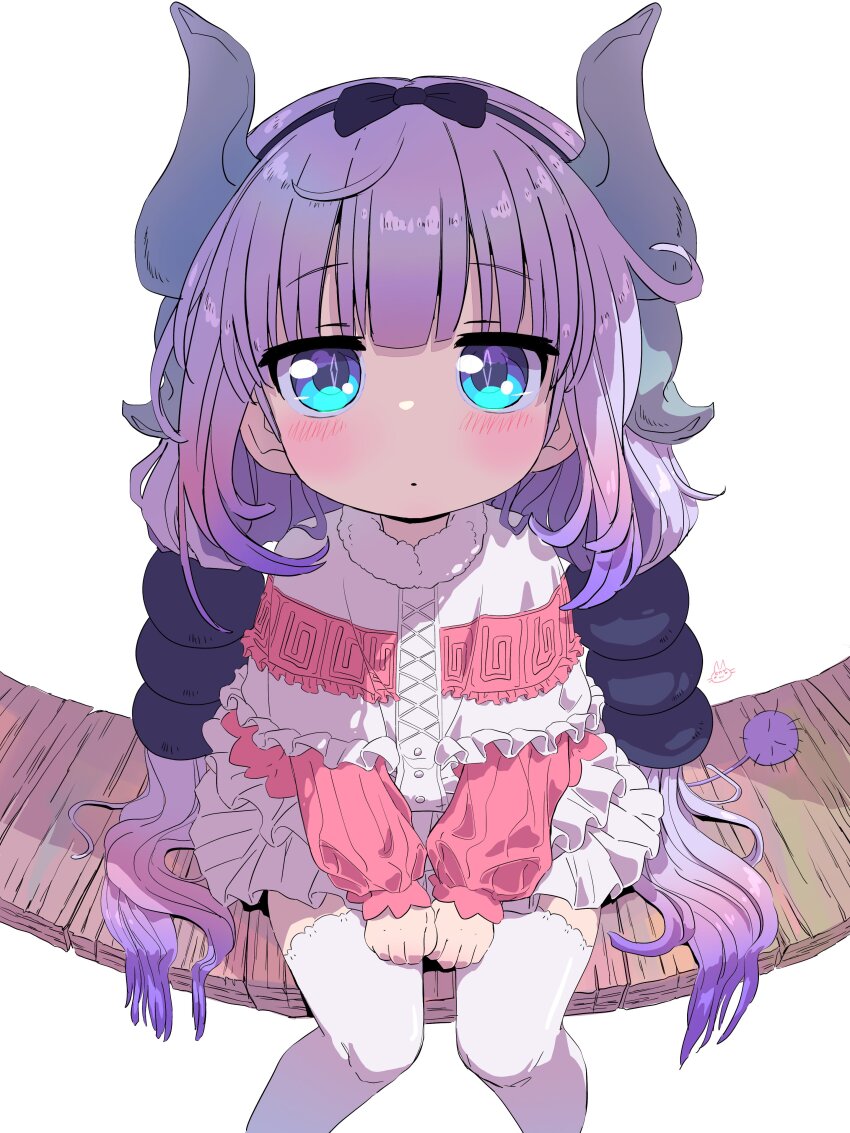 1girl absurdres beads black_hairband blue_eyes blunt_bangs blush capelet closed_mouth dot_mouth dragon_girl dragon_horns dress fisheye frilled_capelet frills gradient_hair hair_beads hair_ornament hairband highres horns kanna_kamui kobayashi-san_chi_no_maidragon long_hair looking_at_viewer low_twintails multicolored_hair pink_hair purple_hair sekaineko_001 simple_background sitting solo tail thighhighs twintails veranda white_background white_thighhighs