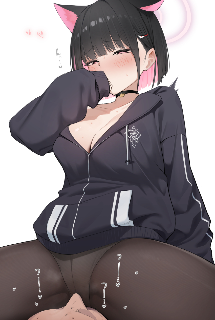 1boy 1girl absurdres after-school_sweets_club_(blue_archive) almondman animal_ears black_choker black_hair black_hoodie black_jacket black_pantyhose blue_archive blunt_bangs blush breasts cat cat_choker cat_ears choker cleavage colored_inner_animal_ears colored_inner_hair extra_ears face_in_crotch girl_on_top halo hand_on_own_face hetero highres hood hooded_jacket hoodie jacket kazusa_(blue_archive) large_breasts long_sleeves multicolored_hair neckerchief panties panties_under_pantyhose pantyhose pink_eyes pink_hair pink_halo pink_neckerchief short_hair sitting sitting_on_face sitting_on_person smell smelling smelling_pussy spread_legs steam sweat thighs trinity_general_school_logo underwear white_background