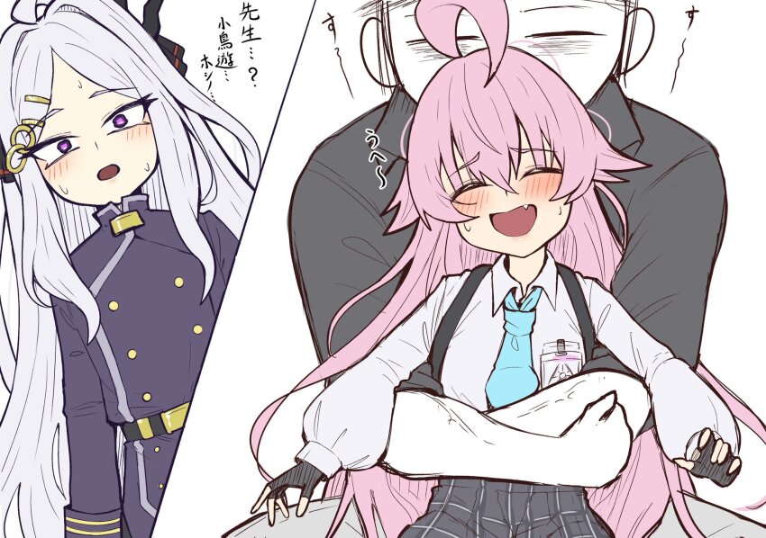 1boy 2girls ^_^ ahoge aqua_necktie black_gloves black_skirt blue_archive blue_dress blush chest_harness closed_eyes commentary_request demon_horns doodle_sensei_(blue_archive) dress fang fingerless_gloves gloves grey_hair hair_flaps harness highres hina_(blue_archive) horns hoshino_(blue_archive) hug hug_from_behind id_card long_hair looking_at_another multiple_girls necktie nervous_smile no_halo pink_hair sensei_(blue_archive) shirt shutchi skirt sleeping smile sweatdrop translation_request very_long_hair white_shirt wide-eyed