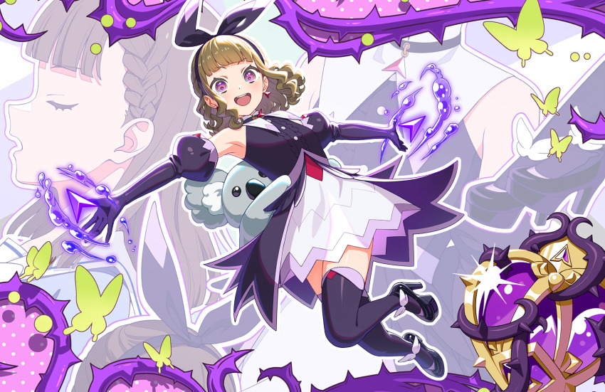 1girl :d black_dress black_gloves black_hairband black_thighhighs blunt_bangs braid breasts brown_hair center-flap_bangs dress elbow_gloves full_body game_cg gloves hairband heart-shaped_gem highres kachimachi_kosuzu kachimachi_kosuzu_(mahou_shoujo_rhythmic_heart) koala link!_like!_love_live! long_hair looking_at_viewer love_live! magic magical_girl medium_breasts multicolored_dress multiple_views official_alternate_costume official_alternate_hairstyle official_art open_mouth outline outstretched_arms pink_eyes plant platform polka_dot sandals short_dress side_braids smile spread_arms teeth thighhighs third-party_source upper_teeth_only v-shaped_eyebrows vines virtual_youtuber wavy_hair white_dress white_outline zettai_ryouiki