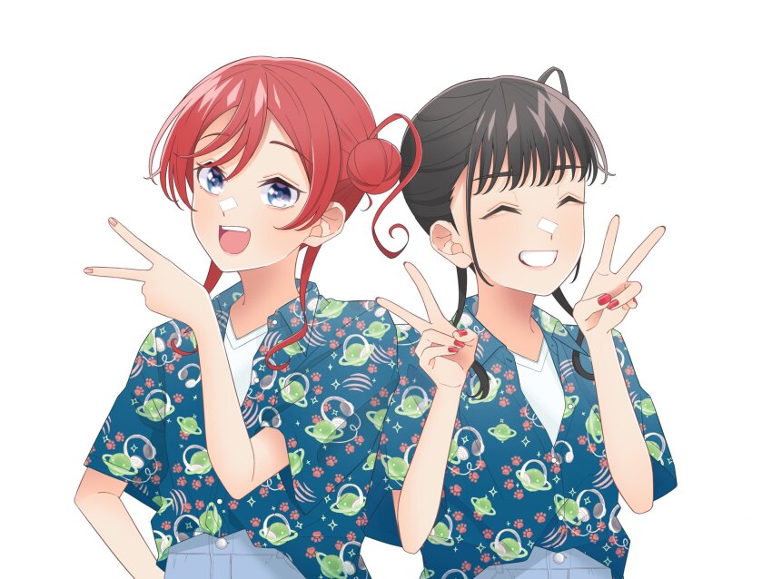 2girls black_hair blue_eyes closed_eyes collared_shirt commentary_request double_v facing_viewer hair_bun hand_on_own_hip hand_up hands_up highres inward_v looking_at_viewer love_live! love_live!_superstar!! medium_hair multiple_girls open_clothes open_mouth open_shirt print_shirt red_hair red_nails shirt short_sleeves sidelocks single_side_bun smile upper_body v voice_actor voice_actor_connection wabe417 white_background white_shirt yabushima_akane yoneme_mei