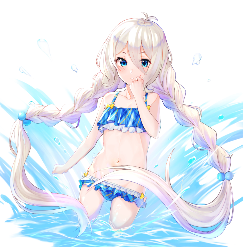 1girl antenna_hair bikini blue_bikini blue_eyes blush frilled_bikini frills hair_between_eyes hand_to_own_mouth highres kokkoro_(princess_connect!) kokkoro_(real)_(princess_connect!) long_hair looking_at_viewer navel princess_connect! shimon_(31426784) solo swimsuit very_long_hair wading water white_hair