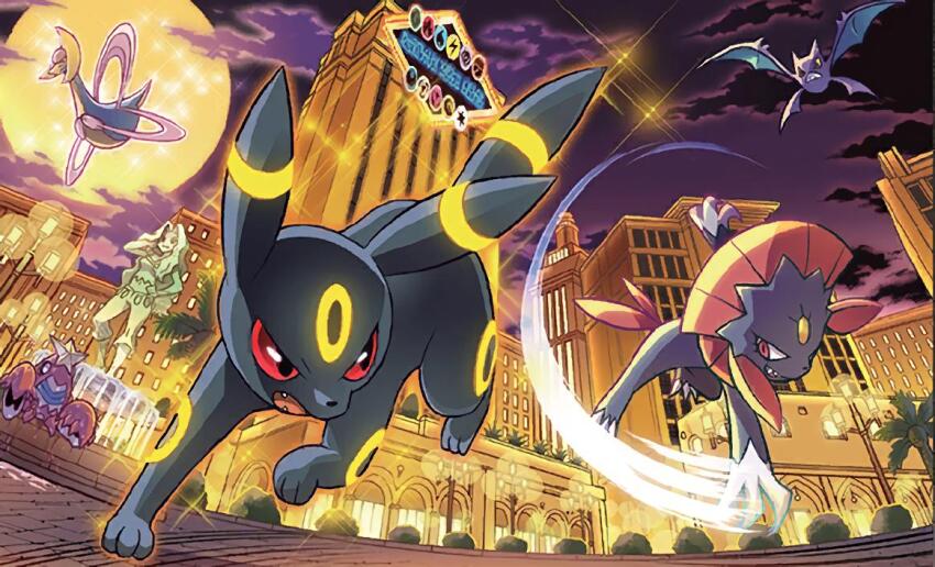 animal_focus ariga_hitoshi building bush city claws closed_mouth cloud colored_sclera crawdaunt cresselia crobat fangs floating flying fountain full_moon gen_2_pokemon gen_3_pokemon gen_4_pokemon glowing karen_(pokemon) lamppost legendary_pokemon moon night night_sky nintendo no_humans official_art open_mouth pokemon pokemon_(creature) pokemon_focus pokemon_hgss pokemon_tcg red_eyes sharp_teeth sky slashing sparkle statue teeth third-party_source tree umbreon water weavile wings yellow_sclera
