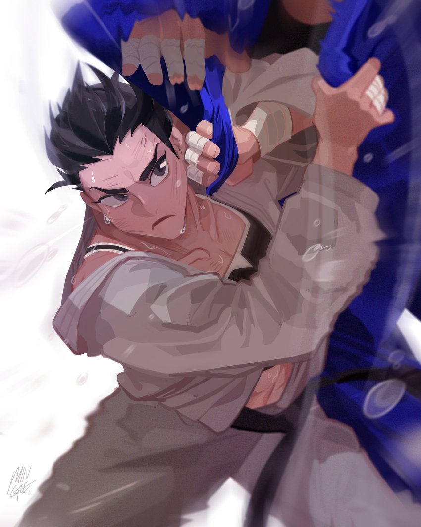 1girl 1other abs absurdres belt black_belt black_hair character_request eyebrows fight_class_3 highres judo judo_throw leemingee martial_arts_belt mixed_martial_arts muscular muscular_female short_hair sports_bra sweat sweatdrop taped_fingers