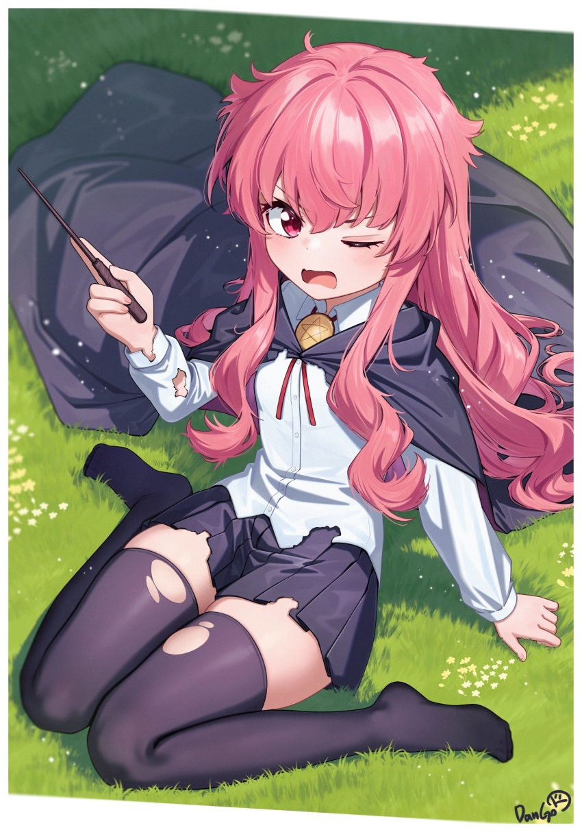 1girl :o absurdres black_cape black_skirt black_thighhighs blush breasts cape dango_remi highres holding holding_wand long_hair long_sleeves looking_at_viewer louise_francoise_le_blanc_de_la_valliere messy_hair one_eye_closed open_mouth outdoors pink_hair red_eyes shirt sitting skirt small_breasts solo thighhighs thighs torn_clothes torn_thighhighs wand wariza white_shirt zero_no_tsukaima