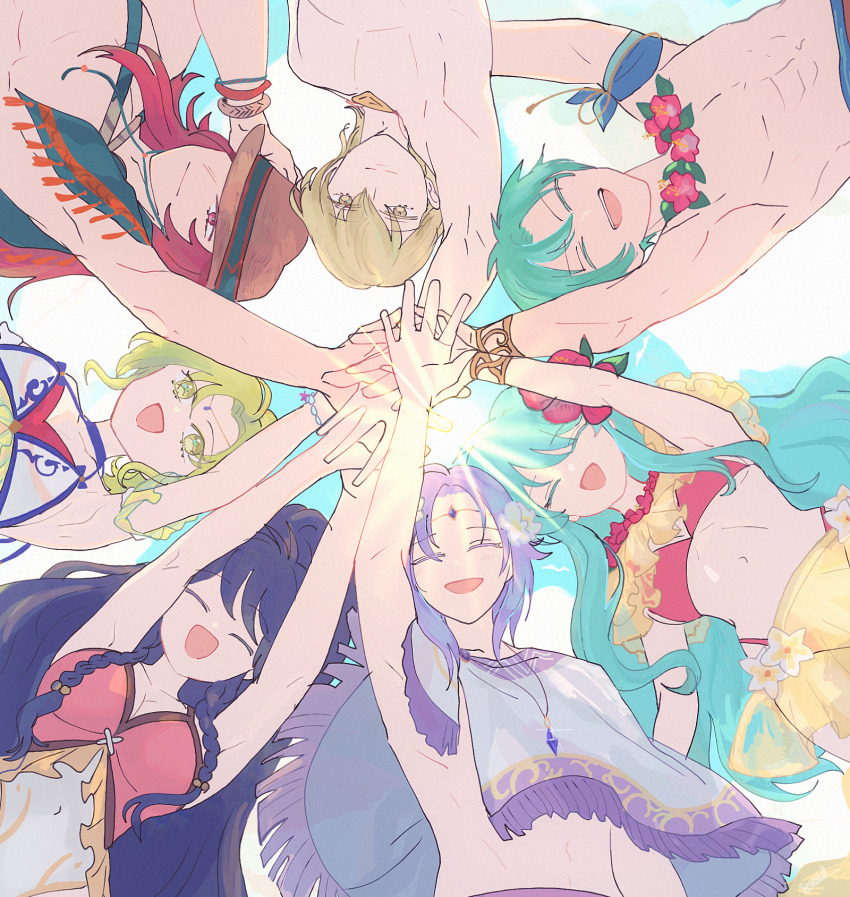 3girls 4boys :d aqua_hair armpits bikini blue_hair bracelet braid breasts circlet cleavage closed_eyes closed_mouth eirika_(fire_emblem) eirika_(summer)_(fire_emblem) ephraim_(fire_emblem) ephraim_(summer)_(fire_emblem) fire_emblem fire_emblem:_the_sacred_stones fire_emblem_heroes flower flower_necklace from_below green_hair hair_between_eyes hair_flower hair_ornament hat highres innes_(fire_emblem) innes_(flawless_form)_(fire_emblem) jewelry joshua_(fire_emblem) joshua_(summer)_(fire_emblem) l&#039;arachel_(fire_emblem) l&#039;arachel_(summer)_(fire_emblem) lei long_hair lyon_(fire_emblem) lyon_(summer)_(fire_emblem) multiple_boys multiple_girls navel necklace nintendo official_alternate_costume open_mouth ponytail purple_hair red_eyes red_hair sasaki_(dkenpisss) short_hair sidelocks smile swimsuit tana_(fire_emblem) tana_(noble_and_nimble)_(fire_emblem) twin_braids