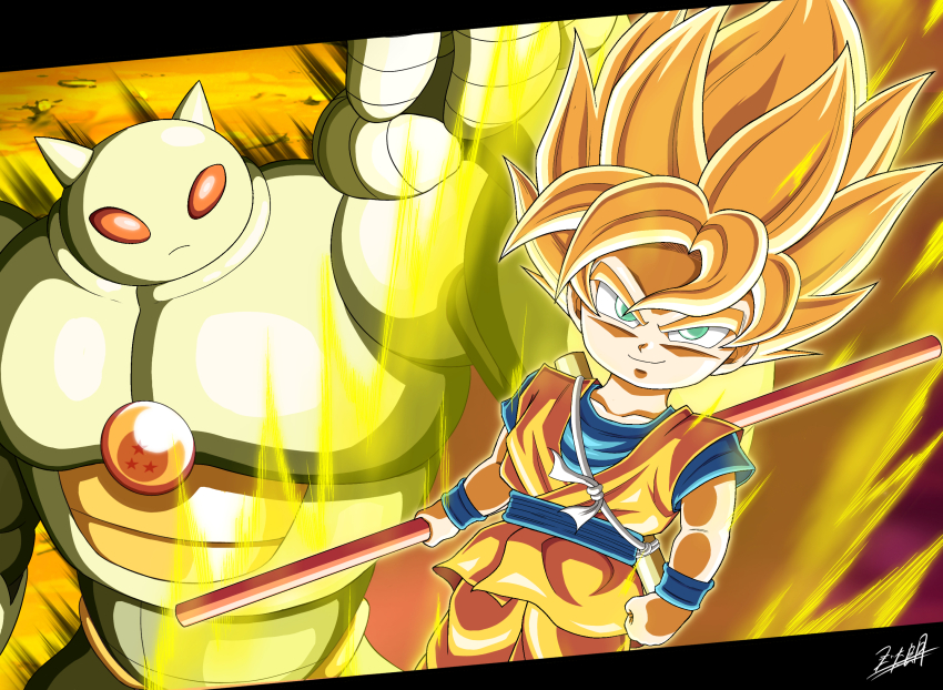 2boys aura blonde_hair blue_sash blue_shirt chibi commentary_request dougi dragon_ball dragon_ball_(object) dragon_ball_daima fuzitaro_goku green_eyes highres holding holding_pole male_focus medium_hair multiple_boys orange_pants orange_tunic pants pole ruyi_jingu_bang sash shirt signature smirk son_goku spiked_hair super_saiyan super_saiyan_1 tamagami_number_3 tunic