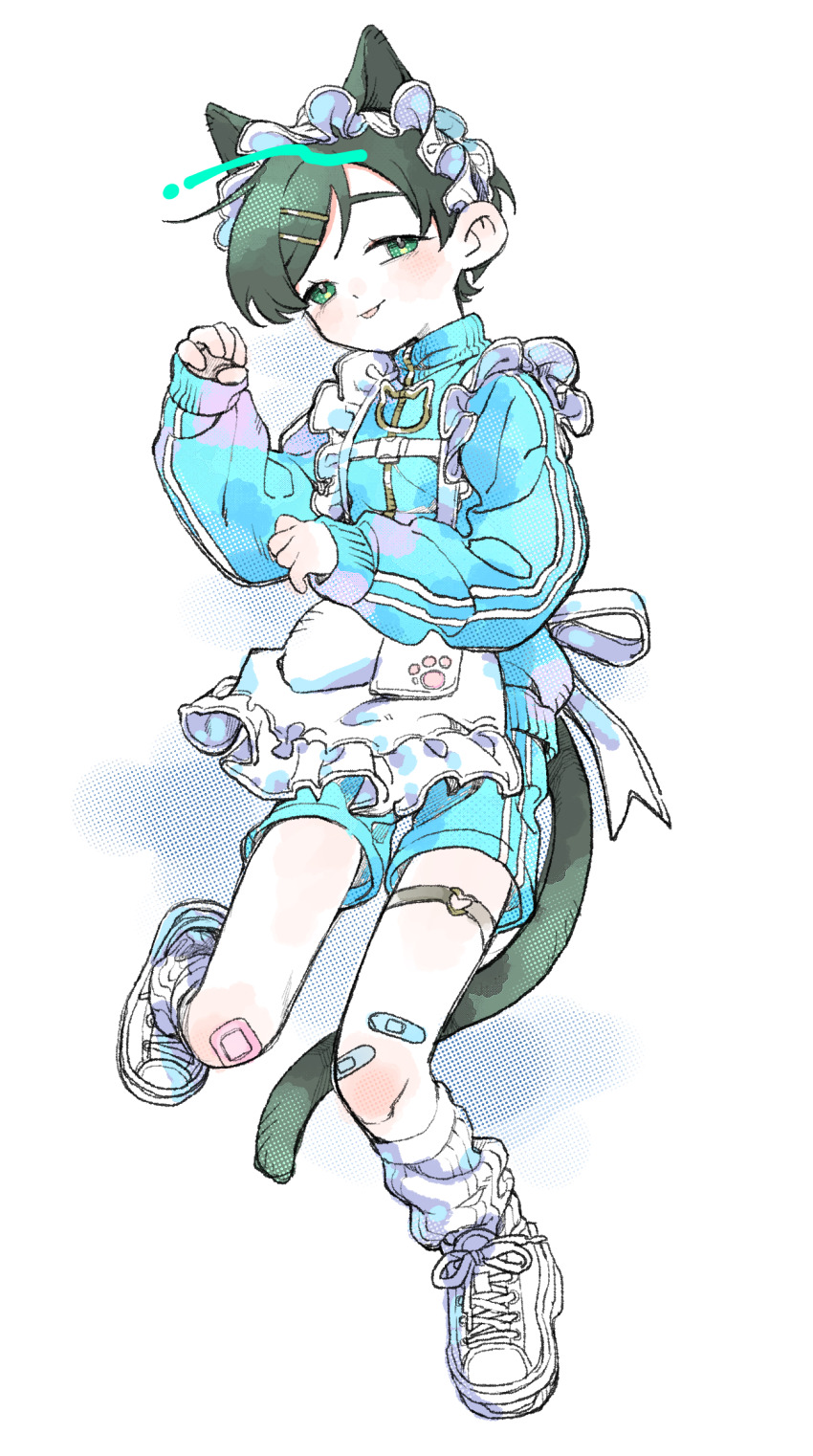 1girl animal_ears apron baggy_clothes bandaid bandaid_on_knee bandaid_on_leg bandaid_on_thigh blue_jacket blush cat_ears cat_girl cat_symbol cat_tail futsuu_no_keion-bu green_eyes green_hair gym_uniform highres jacket jersey_maid kemonomimi_mode kouyama_rin loose_socks maid maid_apron maid_headdress paw_pose paw_print pixie_cut rra_(yj) shoes short_hair sneakers socks solo tail thigh_strap track_jacket unconventional_maid white_shoes zipper