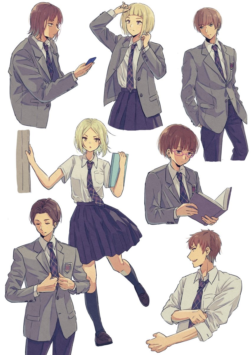 3girls 4boys adjusting_clothes adjusting_hair arafune_tetsuji black_pants black_skirt blazer blonde_hair blouse blunt_bangs bob_cut book breast_pocket brown_hair closed_eyes collared_shirt cropped_legs glasses grey_jacket hands_up highres hiyami_aki holding holding_book holding_phone jacket kikuchihara_shirou kurauchi_kazuki kuro_n314 loafers long_sleeves looking_at_viewer looking_away medium_hair miniskirt multiple_boys multiple_girls narasaka_touru necktie outstretched_arm pants phone plaid_clothes plaid_necktie pleated_skirt pocket profile reading red-framed_eyewear shirt shoes short_hair short_sleeves sideways_glance simple_background skirt sleeves_rolled_up somei_hana standing standing_on_one_leg white_background white_shirt world_trigger