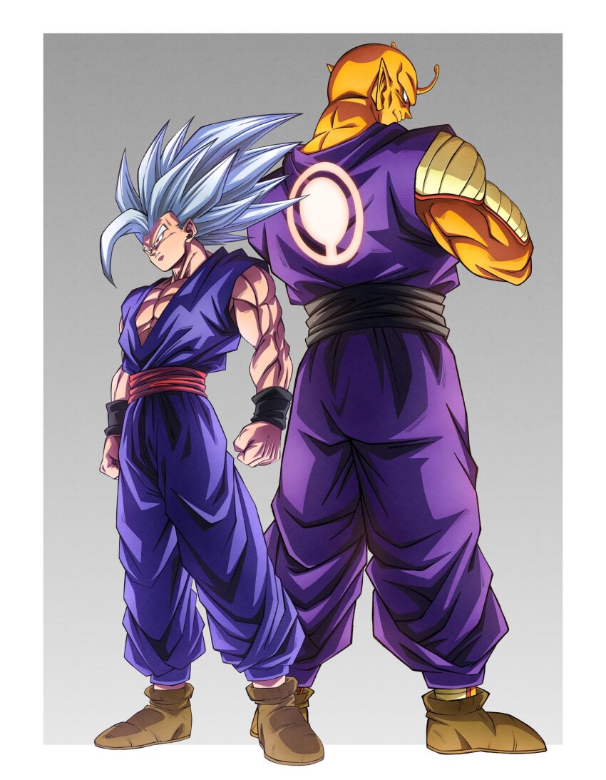 2boys antennae artjohnny1020 back-to-back back_to_the_future bald border clenched_hand clenched_hands colored_skin commentary_request crossed_arms dougi dragon_ball dragon_ball_super dragon_ball_super_super_hero electricity gohan_beast gradient_background grey_background grey_hair highres ink_wash_painting long_hair male_focus multiple_boys muscular muscular_male namekian no_eyebrows orange_piccolo orange_skin pants piccolo pointy_ears purple_pants purple_shirt red_eyes red_sailor_collar sailor_collar shirt simple_background smirk son_gohan spiked_hair standing white_background white_border