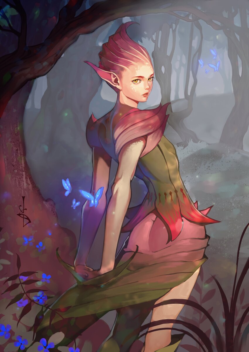 1boy absurdres androgynous arms_behind_back blue_butterfly blue_flower breath_of_fire breath_of_fire_ii bug butterfly closed_mouth colored_skin flower forest fumezu1 highres insect looking_at_viewer male_focus nature outdoors own_hands_clasped own_hands_together pink_eyes pink_hair pink_skin pointy_ears short_hair solo spar upper_body