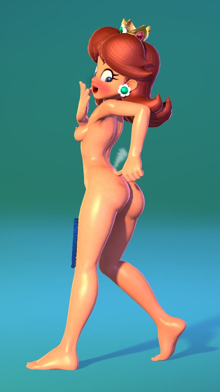 1girl 3d absurdres armpits ass ass_freckles back bare_back bare_legs barefoot blue_eyes blush body_freckles breasts brown_hair completely_nude crown curvy earrings eyelashes feet fingernails freckles highres huge_ass jewelry krcanondorf legs looking_down mario_(series) medium_breasts medium_hair nintendo nipples nude princess_daisy sideboob smile smoke soles super_mario_land teeth toenails toes tomboy tongue
