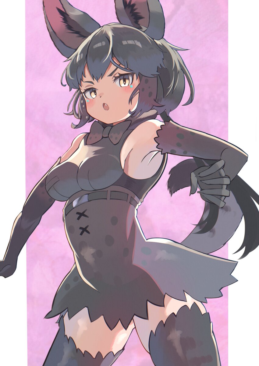 1girl absurdres animal_ears belt black_hair black_serval_(kemono_friends) bow bowtie cat_ears cat_girl cat_tail elbow_gloves extra_ears gloves highres kemono_friends looking_at_viewer osnmykk purple_background shirt short_hair simple_background skirt sleeveless sleeveless_shirt solo tail thighhighs yellow_eyes