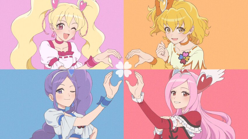 4girls aono_miki blonde_hair blue_hair braid choker clover collarbone cure_berry cure_passion cure_peach cure_pine curly_hair dress earrings eas_(fresh_precure!) four-leaf_clover fresh_precure! frilled_dress frills gloves hair_ornament hair_ribbon heart heart-shaped_pupils heart_hair_ornament heart_hands higashi_setsuna highres jewelry long_hair momozono_love multiple_girls one_eye_closed open_mouth parted_bangs pink_eyes pink_hair precure purple_eyes red_eyes ribbon short_hair short_sleeves single_braid symbol-shaped_pupils twintails upper_body wing_hair_ornament wristband yamabuki_inori yuzu_sato