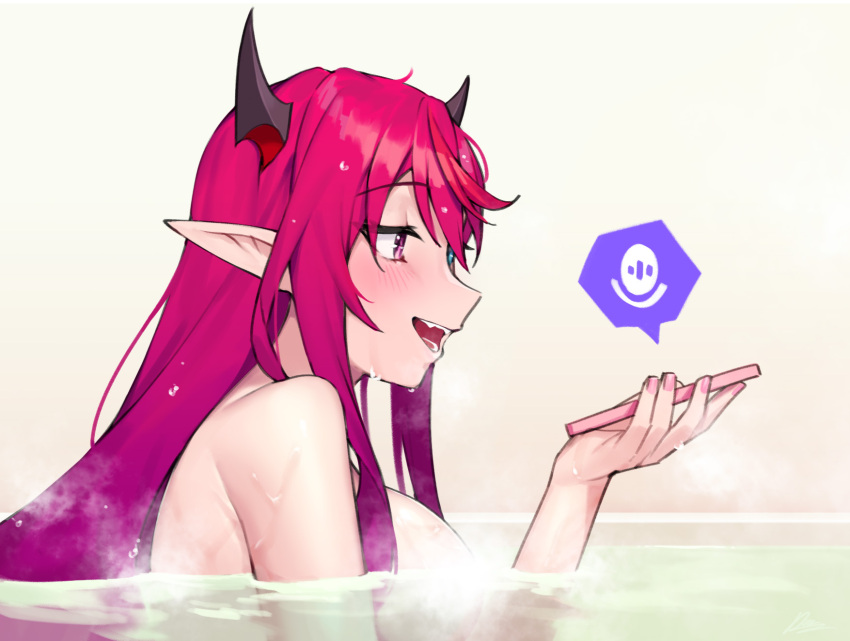 1girl bathing blue_eyes breasts cellphone commentary convenient_censoring dasdokter english_commentary fangs fingernails heterochromia highres holding holding_phone hololive hololive_english horns icon_(computing) irys_(hololive) large_breasts long_hair microphone nail_polish no_halo nude open_mouth partially_submerged phone pink_nails pointy_ears purple_eyes red_hair simple_background smartphone smile steam steam_censor tongue virtual_youtuber water_drop wet