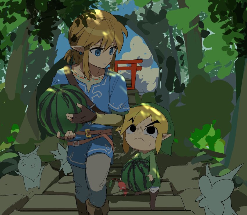 blonde_hair blue_eyes blue_shirt commentary_request food forest fruit green_hat green_shirt hat highres korean_commentary link nature nintendo nt_26 pants parted_lips shirt sweat the_legend_of_zelda the_legend_of_zelda:_breath_of_the_wild watermelon white_pants