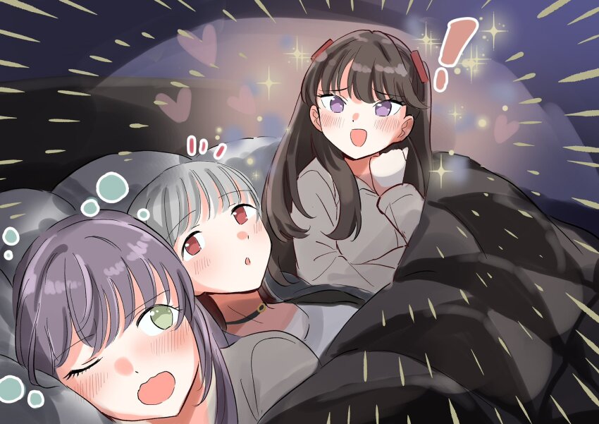 ! 3girls :o black_choker blush borrowed_clothes brown_hair choker commentary embarrassed erako9 fujishima_megumi grey_hair happy_aura heart highres link!_like!_love_live! long_hair love_live! multiple_girls o-ring o-ring_choker on_bed one_eye_closed open_mouth otomune_kozue purple_eyes purple_hair red_eyes shared_bed shirt short_hair sparkle squeans two_side_up virtual_youtuber wavy_mouth white_shirt yugiri_tsuzuri