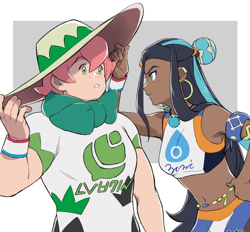 1boy 1girl arm_up armlet belly_chain bike_shorts black_hair blue_eyeshadow blush closed_mouth commentary_request dark-skinned_female dark_skin dynamax_band eye_contact eyeshadow green_scarf grey_background hair_bun hand_on_own_hip hand_up hat highres jewelry long_hair looking_at_another makeup midriff milo_(pokemon) mocollie multicolored_hair navel necklace nessa_(pokemon) nintendo pink_hair pokemon pokemon_swsh scarf shirt short_sleeves sports_bra sun_hat two-tone_hair white_shirt