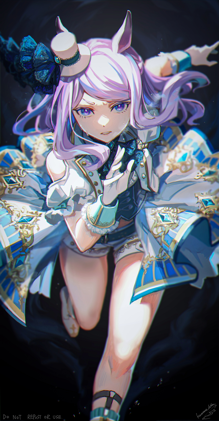 1girl absurdres animal_ears blue_shirt clothing_cutout commentary_request dress feet_out_of_frame gloves hat highres horse_ears horse_girl long_hair looking_at_viewer mejiro_mcqueen_(end_of_sky)_(umamusume) mejiro_mcqueen_(umamusume) mini_hat official_alternate_costume purple_eyes purple_hair running shibuki_kamone shirt shorts shoulder_cutout signature solo sweat sweatdrop umamusume white_dress white_gloves white_hat white_shorts