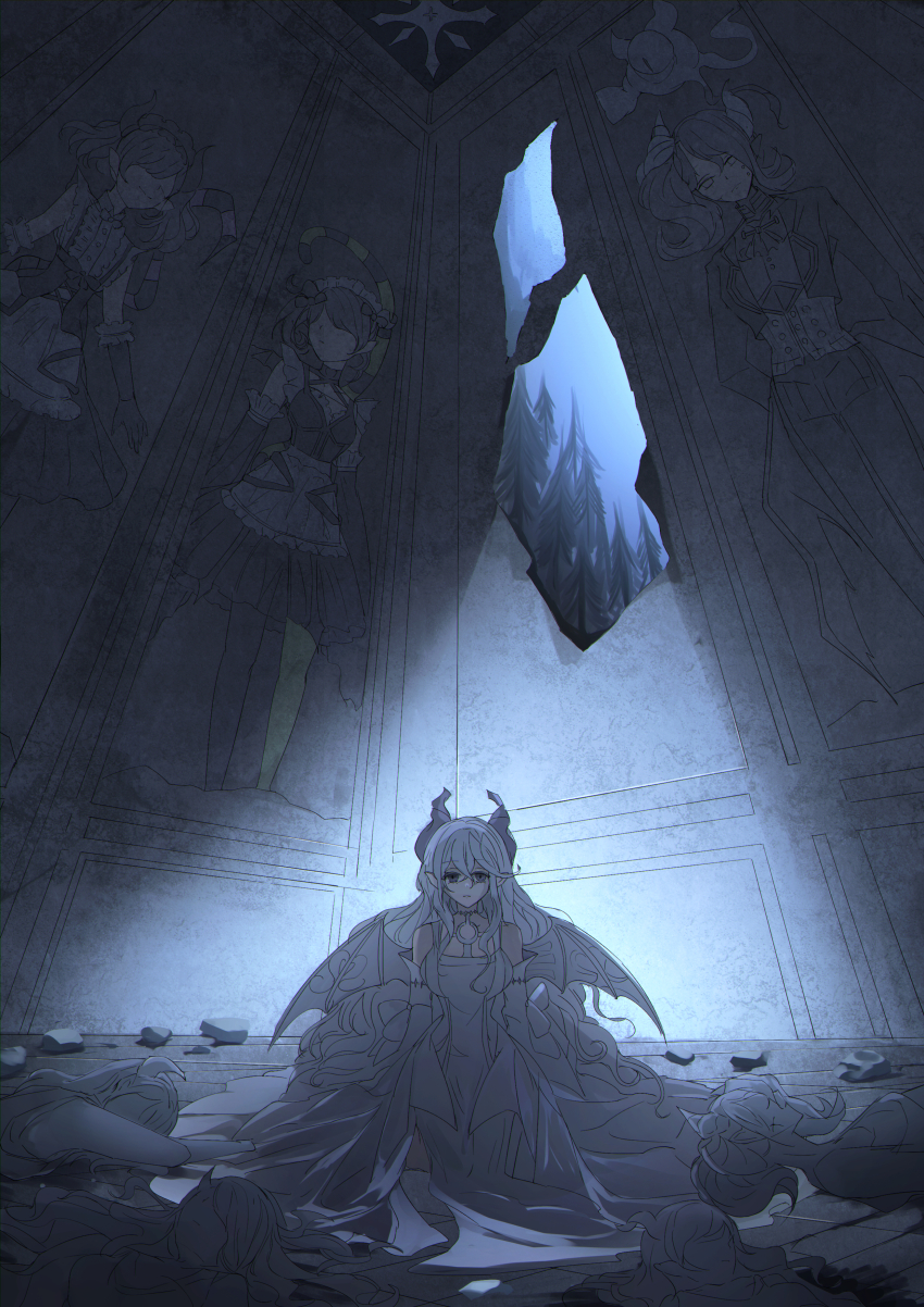 1girl absurdres arianna_the_labrynth_servant arianne_the_labrynth_servant arias_the_labrynth_butler breasts cameo cleavage demon_girl demon_horns demon_wings dress duel_monster grey_eyes grey_hair highres horns lady_labrynth_of_the_silver_castle large_breasts long_hair looking_at_viewer lovely_labrynth_of_the_silver_castle low_wings multiple_wings pointy_ears solo transparent_wings uragawai wings yu-gi-oh!