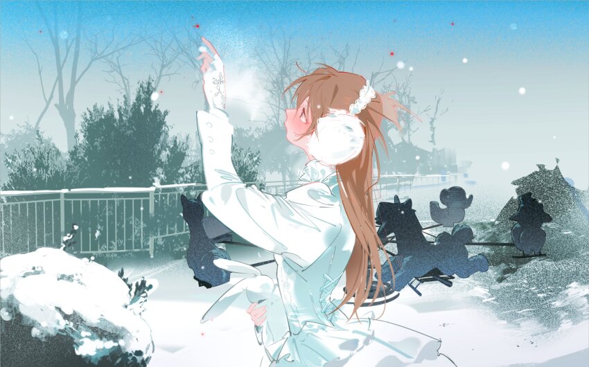 1girl alternate_costume arm_up bare_tree bush carousel closed_mouth commentary cowboy_shot dress earmuffs fandangyu frilled_dress frills gloves highres holding holding_stuffed_toy long_hair long_sleeves looking_up neon_genesis_evangelion orange_hair outdoors profile railing snow snowing solo souryuu_asuka_langley stuffed_animal stuffed_rabbit stuffed_toy tree white_dress white_gloves winter