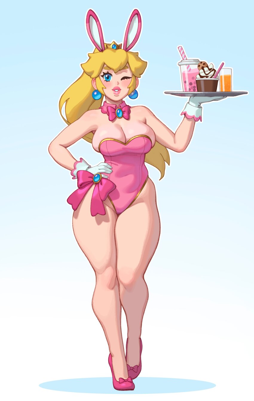 1girl absurdres alternate_eyebrows animal_ears blonde_hair blue_eyes blush breasts bubble_tea commentary crown cup detached_collar drinking_glass earrings english_commentary fake_animal_ears gloves highres holding holding_tray jewelry large_breasts leotard long_hair mario_(series) nintendo one_eye_closed playboy_bunny ponytail princess_peach rabbit_ears riz strapless strapless_leotard thick_eyebrows thick_thighs thighs tray undersized_breast_cup undersized_clothes waitress wink