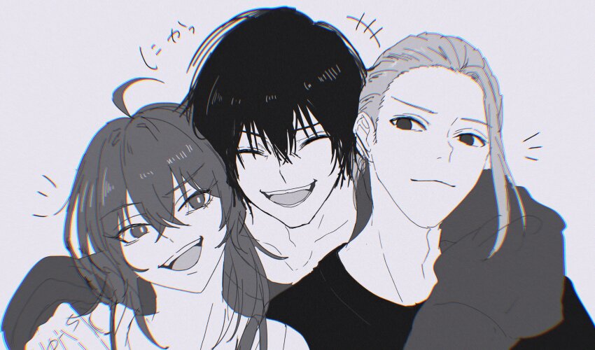 1girl 2boys absurdres ahoge akao_rion amayoa black_hair highres monochrome multiple_boys nagumo_(sakamoto_days) sakamoto_days sakamoto_taro sakamoto_taro_(skinny) simple_background smile