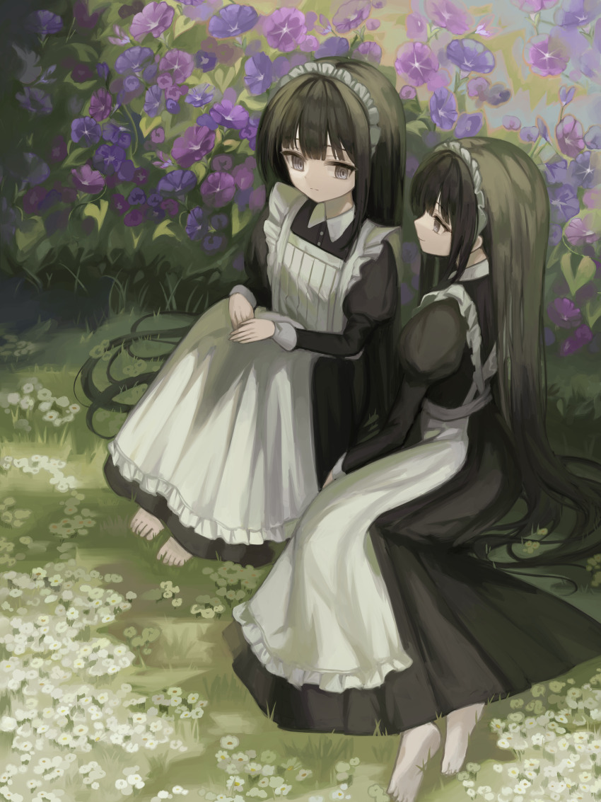 2girls :/ @_@ absurdres apron barefoot black_dress black_hair collared_dress commentary_request day dress expressionless field flower flower_field frilled_apron frills full_body grass grey_eyes hair_intakes highres kkamkkam knees_to_chest light_smile long_hair long_sleeves looking_at_another maid maid_apron maid_headdress multiple_girls on_grass original outdoors own_hands_together puffy_sleeves purple_flower siblings sisters sitting very_long_hair white_apron white_flower white_wrist_cuffs wrist_cuffs yokozuwari
