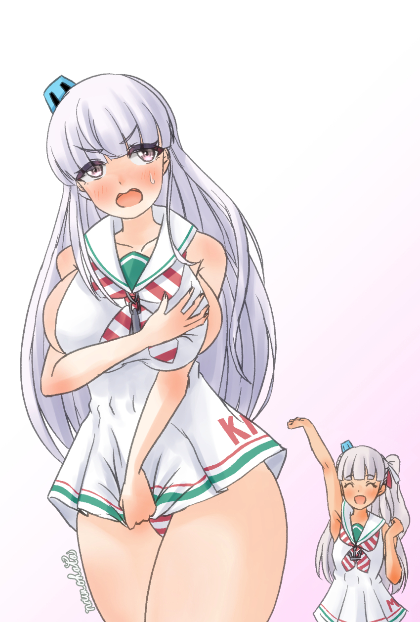 2girls blush breasts cosplay cowboy_shot dress gradient_background grey_hair hair_ribbon highres kantai_collection kirov_(kancolle) large_breasts long_hair maestrale_(kancolle) maestrale_(kancolle)_(cosplay) multiple_girls nawohata one_side_up panties pink_background pink_eyes red_panties ribbon sailor_dress sleeveless sleeveless_dress smile striped_clothes striped_panties underwear white_dress