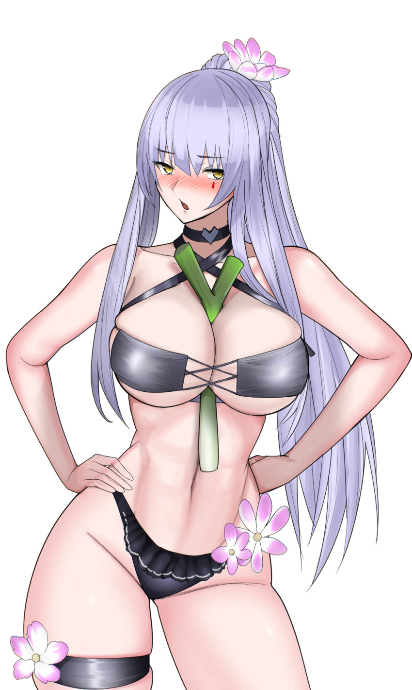 1girl alternate_costume bare_shoulders bikini black_bikini black_choker blue_hair blush breasts choker cleavage collarbone feet_out_of_frame flower girls&#039;_frontline green_eyes hair_flower hair_ornament hands_on_own_hips highres hk416_(girls&#039;_frontline) large_breasts long_hair looking_at_viewer navel open_mouth ponytail sidelocks solo standing swavigg swimsuit tattoo teardrop_facial_mark teardrop_tattoo thighs white_background