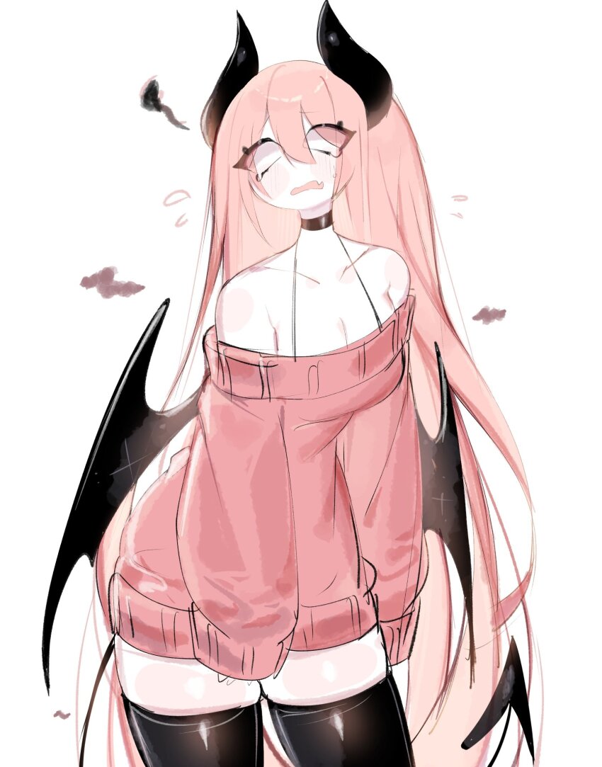 1girl bare_shoulders black_choker black_horns black_thighhighs black_wings blank_eyes blush choker cowboy_shot dress fang flying_sweatdrops friday_night_funkin&#039; highres horns long_hair long_sleeves open_mouth sarvente_(friday_night_funkin&#039;) simple_background skin_fang sleeves_past_wrists solo sweater sweater_dress tail tearing_up thighhighs usa37107692 very_long_hair white_background wings