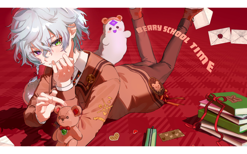 1boy absurdres alternate_costume blush book book_stack brown_cardigan brown_pants cardigan checkered_background collared_shirt commentary_request english_text foot_out_of_frame green_eyes grey_hair head_rest heart heterochromia highres letter letterboxed lying male_focus matochi_(fa) murakumo_kagetsu nijisanji on_stomach pants pencil_case purple_eyes red_background red_ribbon red_shoes ribbon shadow shirt shoes short_hair simple_background solo stuffed_animal stuffed_toy teddy_bear the_pose virtual_youtuber watakumo_(murakumo_kagetsu) white_shirt