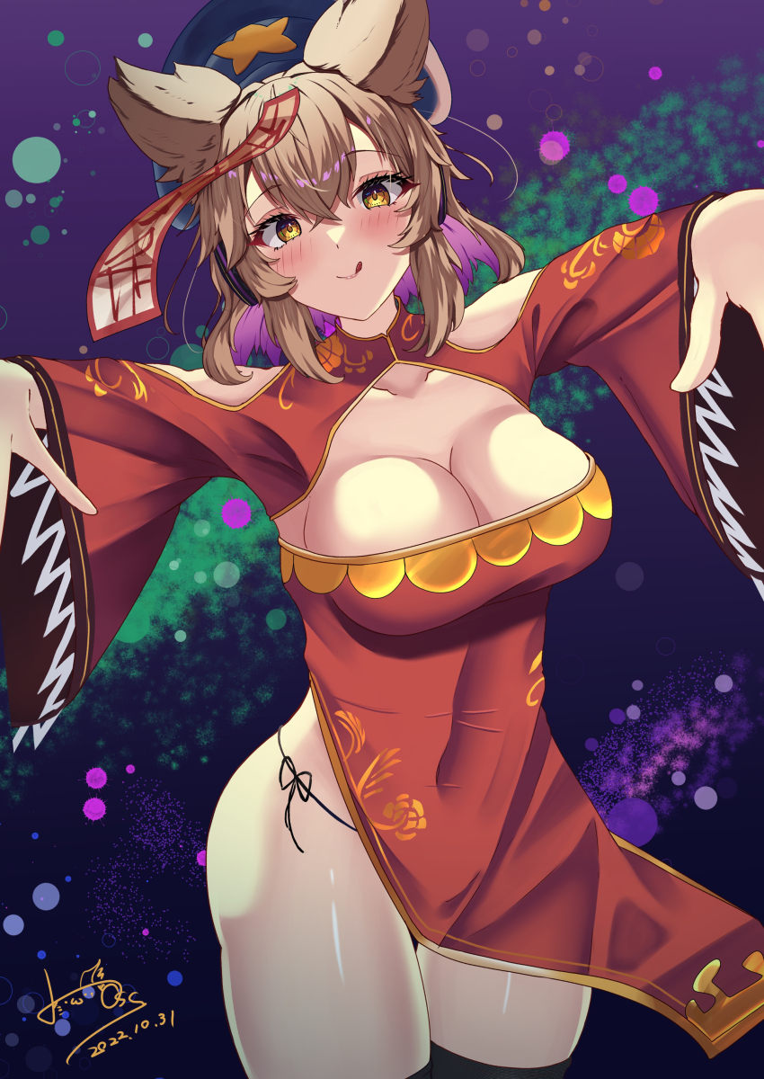 1girl :q absurdres black_hat black_panties black_thighhighs breasts brown_eyes brown_hair newsboy_cap chinese_clothes cleavage closed_mouth colored_inner_hair cosplay covered_navel cowboy_shot crossed_bangs dated earmuffs halloween halloween_costume hat hat_ornament highres hossy jiangshi large_breasts long_sleeves looking_at_viewer miyako_yoshika miyako_yoshika_(cosplay) multicolored_hair outstretched_arms panties pointy_ears purple_background purple_hair short_hair side-tie_panties signature smile solo standing star_(symbol) star_hat_ornament thighhighs thighs tongue tongue_out touhou toyosatomimi_no_miko two-tone_hair underwear