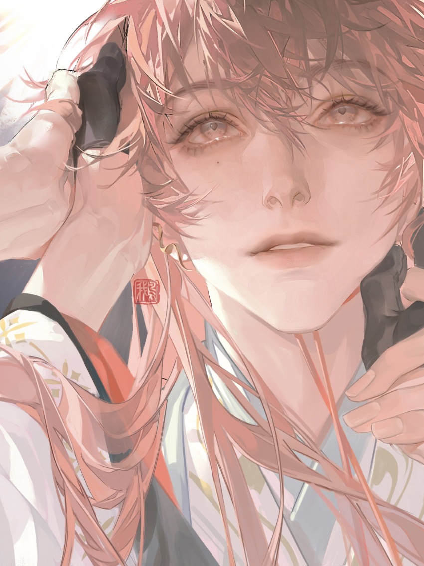 1boy 1other androgynous black_gloves chinese_commentary code:_kite commentary_request eyelashes fingernails gloves grey_eyes half_gloves hand_on_another&#039;s_face hand_on_another&#039;s_hand highres long_hair long_sleeves longchengheipaoe male_focus out_of_frame parted_lips pink_hair solo_focus teeth white_background yuan_ji_(code:_kite)