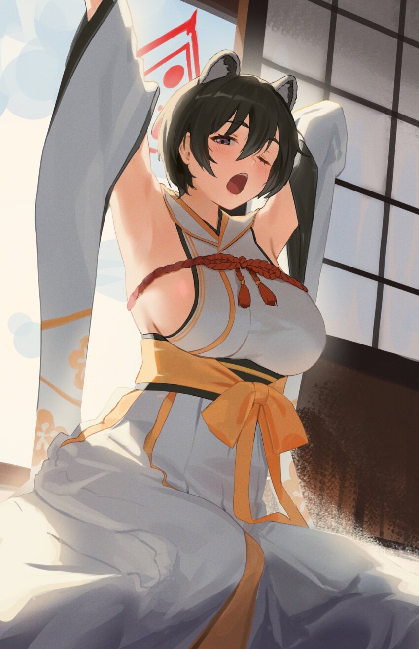 1girl animal_ears armpits arms_up bare_shoulders black_hair blue_archive blush breasts cosplay detached_sleeves extra_ears halo highres indoors japanese_clothes kaho_(blue_archive) kaho_(blue_archive)_(cosplay) kimono large_breasts looking_at_viewer nuykkif one_eye_closed open_door raccoon_ears rope sash short_hair shouji sideboob sitting sleeveless sleeveless_kimono sliding_doors solo stretching tsubaki_(blue_archive) white_kimono yawning