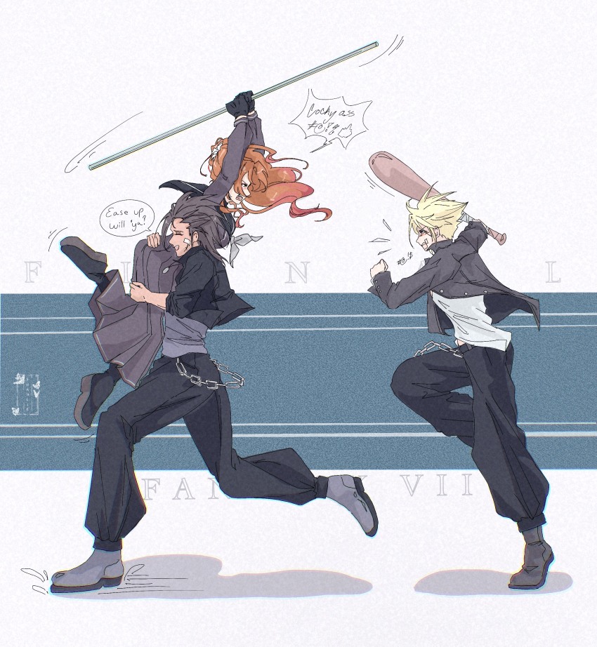 1girl 2boys absurdres aerith_gainsborough aerith_gainsborough_(midgard_seventh_high_school) bandaid bandaid_on_cheek bandaid_on_face baseball_bat black_boots black_gloves black_hair black_jacket black_pants black_shirt black_shoes blonde_hair blue_shirt boots brown_hair carrying_over_shoulder chain chasing closed_eyes cloud_strife cloud_strife_(midgard_seventh_high_school) delinquent english_text final_fantasy final_fantasy_vii final_fantasy_vii_ever_crisis flower full_body gakuran gloves grey_neckerchief hair_flower hair_ornament highres holding holding_baseball_bat holding_staff jacket long_hair long_skirt multiple_boys neckerchief open_mouth pants parted_bangs running school_uniform shanlieart shirt shoes short_hair shouting side_ponytail sidelocks skirt smile staff sukeban white_flower white_shirt zack_fair zack_fair_(midgard_seventh_high_school)